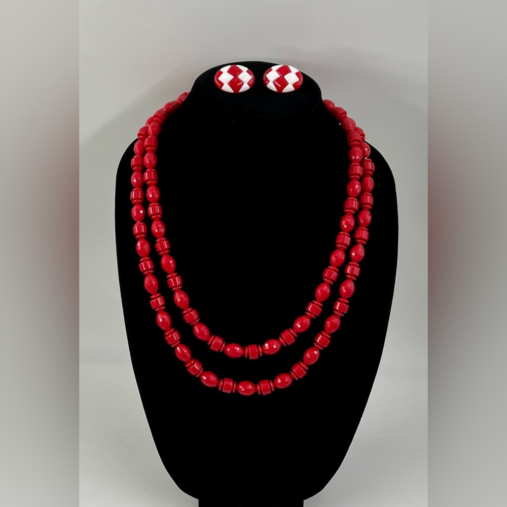 Vintage Red Bead Necklace and Red and White Clip on Earrings